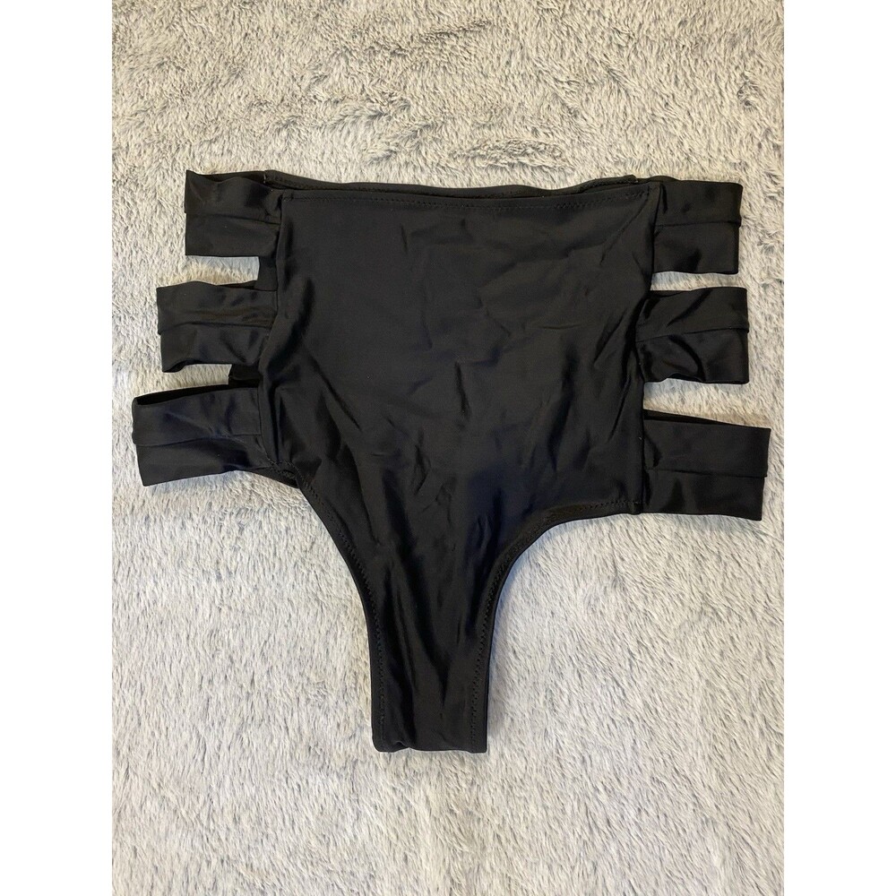 COCOSHIP Bikini Bottom Women Size Large Black High Waist Side Straps ScrunchButt